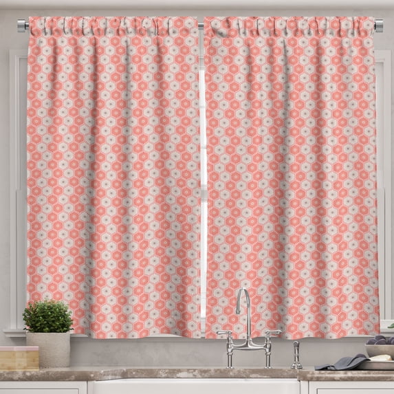 Ambesonne Honeycomb Kitchen Curtains, Hexagon Shaped Flowers, 55"x45", Blush and Coral