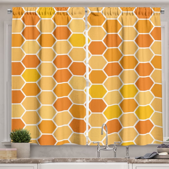 Ambesonne Honeycomb Kitchen Curtains, Hexagons Geometric Print, 55"x39", Orange and Mustard