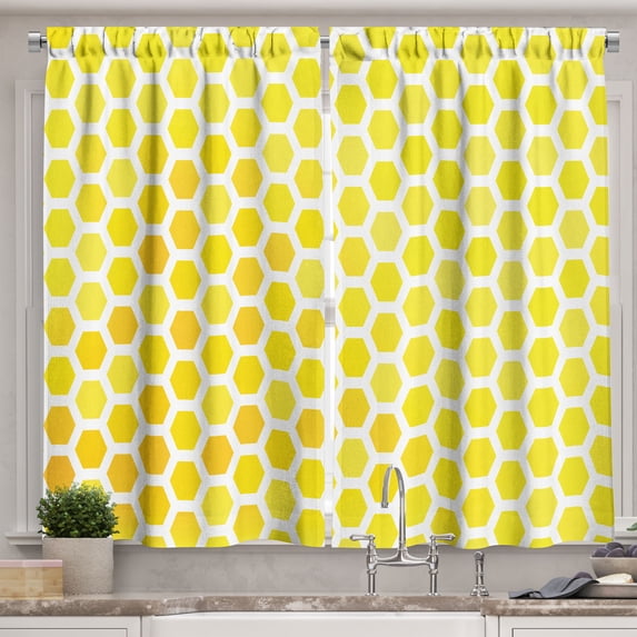Ambesonne Honeycomb Kitchen Curtains, Hexagons Mosaic Ornament, 55"x45", Mustard Yellow and White