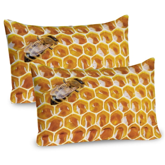 Ambesonne Honeycomb Pillow Sham 2 Pack, Working Bee on Honeycomb, 36"x20", Black and Yellow