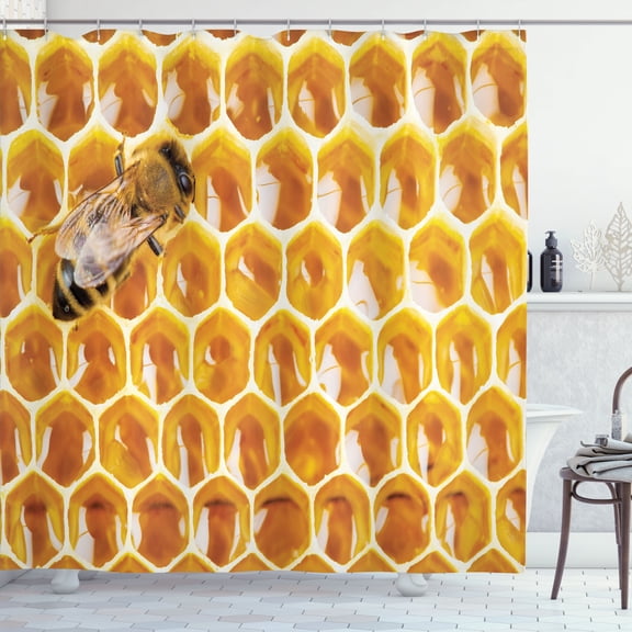 Ambesonne Honeycomb Shower Curtain, Working Bee on Honeycomb, 69"Wx84"L, Black and Yellow