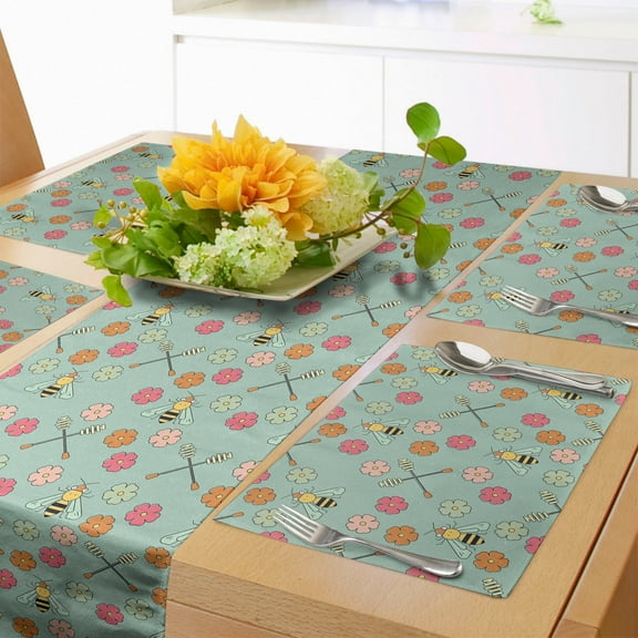 Ambesonne Honeycomb Table Runner & Placemats, Bee and Honey Elements, Placemat 4 pcs + Runner 12"x72", Pale Green Pink