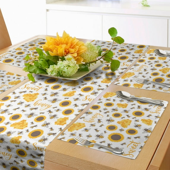 Ambesonne Honeycomb Table Runner & Placemats, Honey and Text Bee, Placemat 4 pcs + Runner 12"x90", Umber Yellow