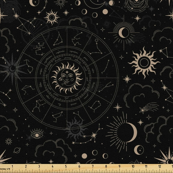 Ambesonne Horoscope Fabric by the Yard Upholstery, Esoterism Sun and Moon, 3 Yards, Charcoal Grey and Eggshell