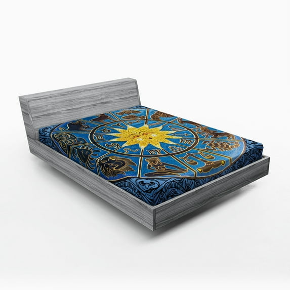 Ambesonne Horoscope Fitted Sheet, Zodiac Signs Circle Sun, Full Size, Azure Blue Mustard