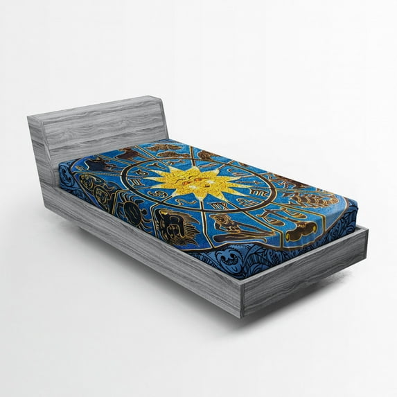 Ambesonne Horoscope Fitted Sheet, Zodiac Signs Circle Sun, Twin Size, Azure Blue Mustard