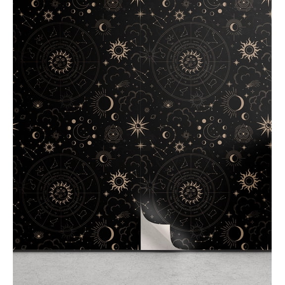 Ambesonne Horoscope Peel & Stick Wallpaper for Home, Esoterism Sun and Moon, 13"x36", Charcoal Grey and Eggshell