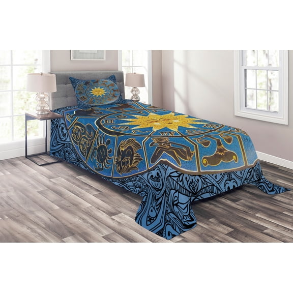 Ambesonne Horoscope Quilted Coverlet 2 Pcs, Zodiac Signs Circle Sun, Twin Size, Azure Blue Mustard