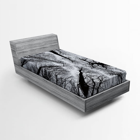 Ambesonne Horror Fitted Sheet, Dark Winter Forest Tree, Twin Size, Black Grey
