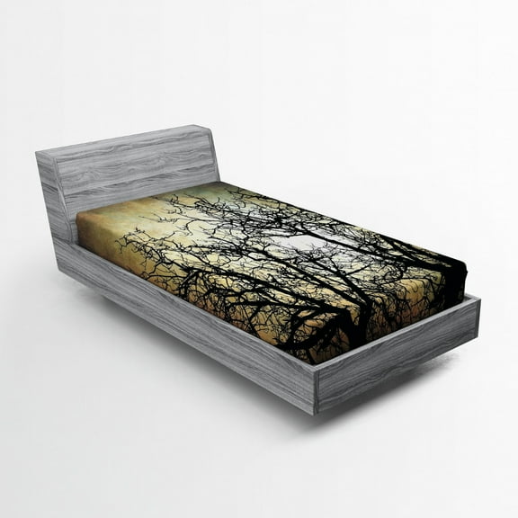 Ambesonne Horror Fitted Sheet, Grunge Branches Twilight, Twin Size, Sepia Black