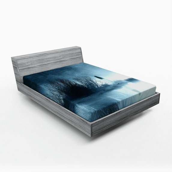 Ambesonne Horror House Fitted Sheet, Fog Forest Night, Full Size, Blue