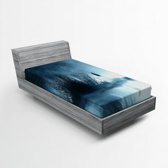 Ambesonne Horror House Fitted Sheet, Fog Forest Night, Twin Size, Blue