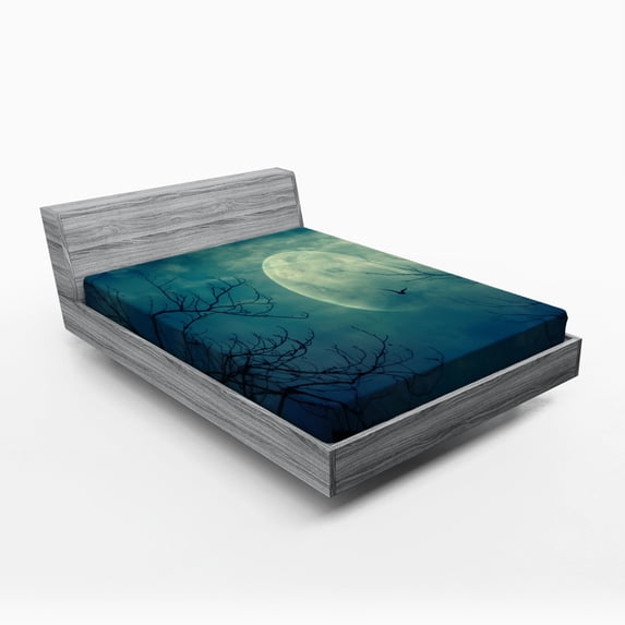 Ambesonne Horror House Fitted Sheet, Haunted Forest, Queen Size, Blue