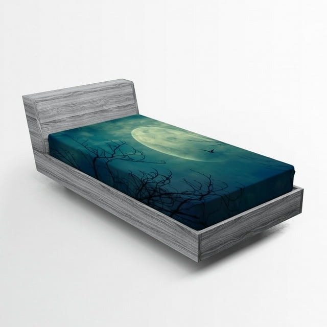 Ambesonne Horror House Fitted Sheet, Haunted Forest, Twin Size, Blue