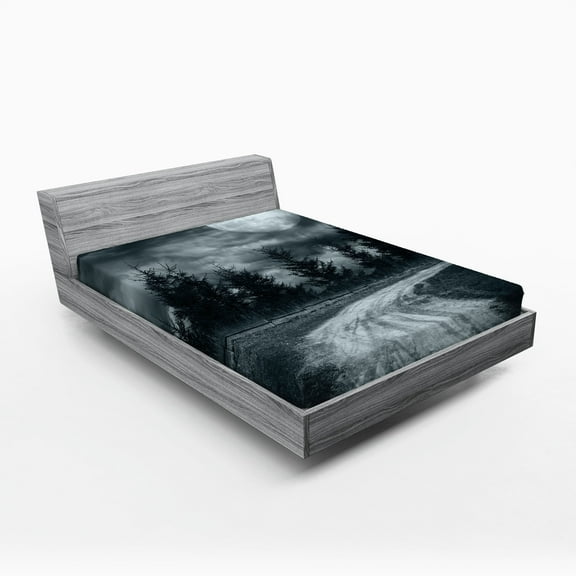 Ambesonne Horror House Fitted Sheet, Moonrise Scenery, Queen Size, Grey