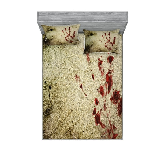 Ambesonne Horror House Fitted Sheet & Pillow Sham Set, Bloddy Dirty Hand, Calking, Red Beige