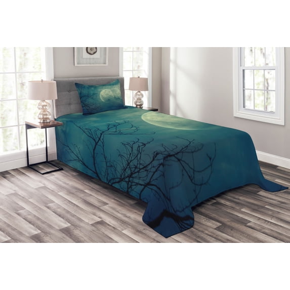 Ambesonne Horror House Quilted Bedspread Set 2 Pcs, Haunted Forest, Twin Size, Blue