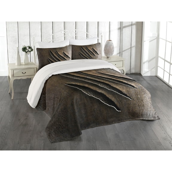 Ambesonne Horror House Quilted Coverlet 3 Pcs, Wild Beast Claws, King Size, Brown