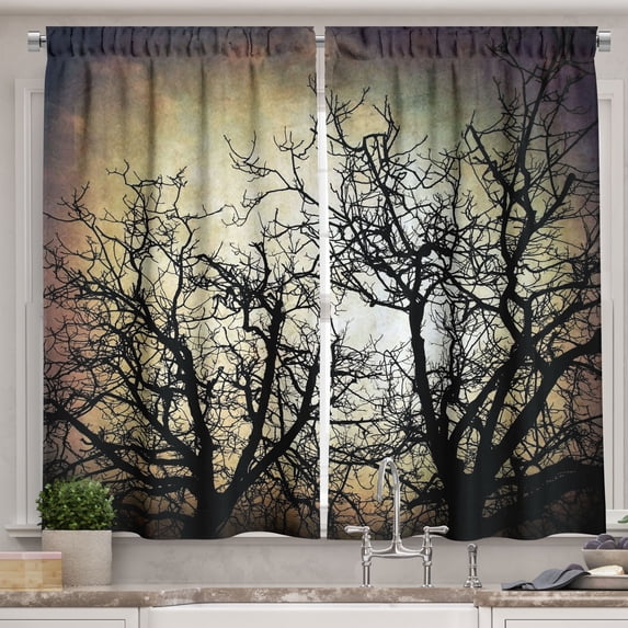 Ambesonne Horror Kitchen Curtains, Grunge Branches Twilight, 55"x39", Sepia Black