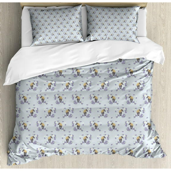 Ambesonne Horse Duvet Cover Set, Animal Forms Flower Details, King, Lavender Blue Tan