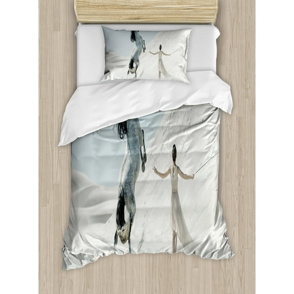Ambesonne Horse Duvet Cover Sets, Lady with White Horse, 2-Twin, White Slate Blue