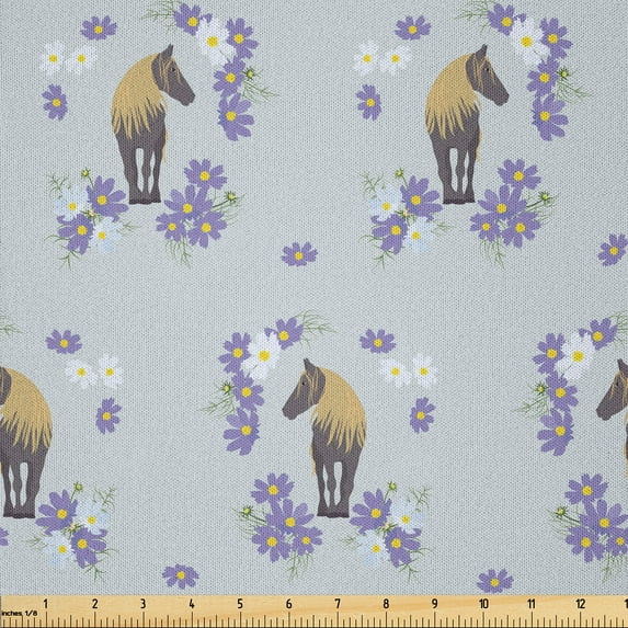 Ambesonne Horse Fabric by the Yard Microfiber, Animal Forms Flower Details, 5 Yards, Lavender Blue Tan