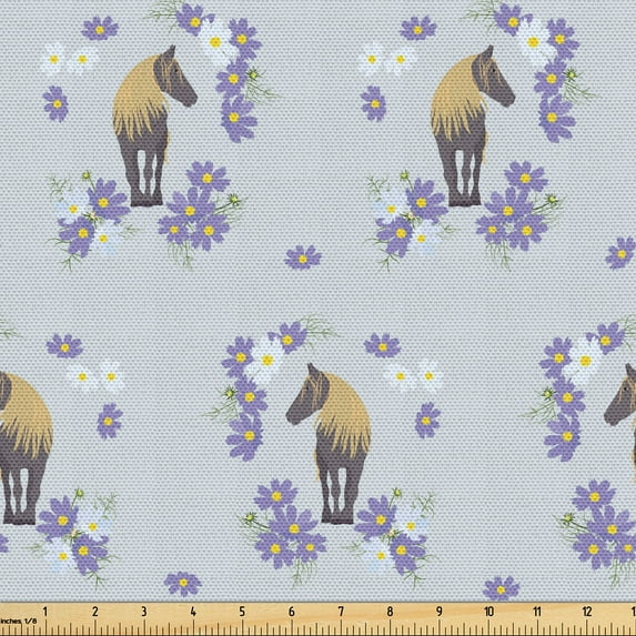 Ambesonne Horse Fabric by the Yard Upholstery, Animal Forms Flower Details, 1 Yard, Lavender Blue Tan