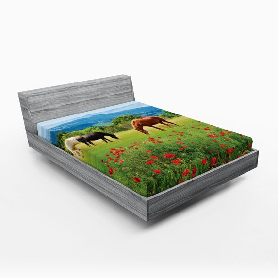 Ambesonne Horse Fitted Sheet, Landscape Rural Scene, Full Size, Multicolor
