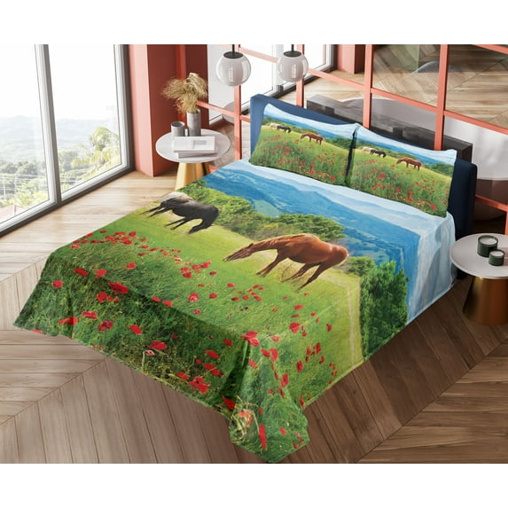 Ambesonne Horse Fitted & Top Sheet Set with Shams, Landscape Rural Scene, Multicolor