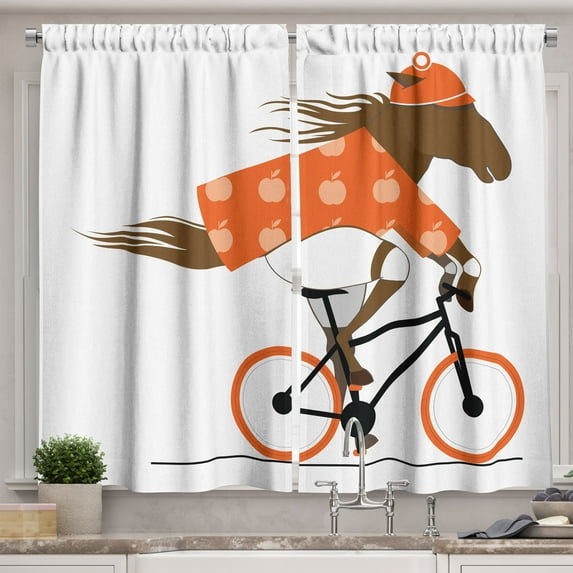 Ambesonne Horse Kitchen Curtains, Hipster Horse Riding Bike, 55"x39", Brown Orange Black