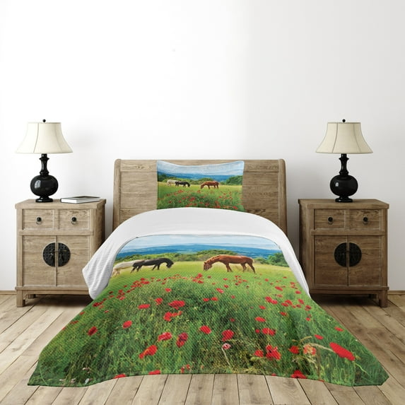 Ambesonne Horse Quilted Bedspread Set 2 Pcs, Landscape Rural Scene, Twin Size, Multicolor