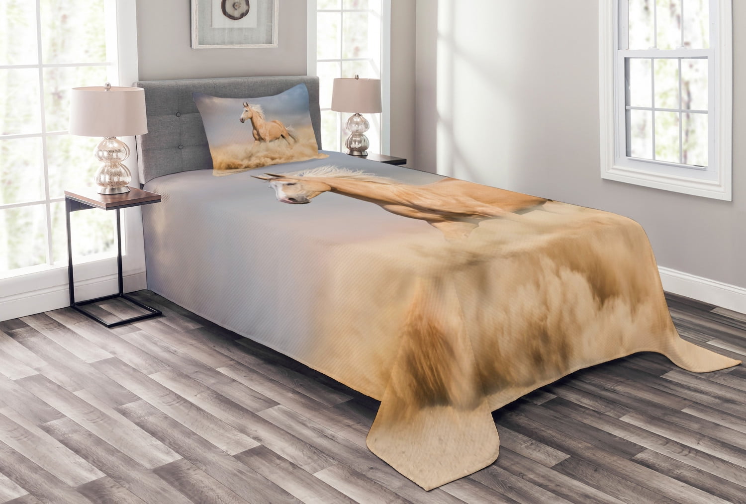 Twin Gray Quilted Horse Bedspread Set with Pillow Sham