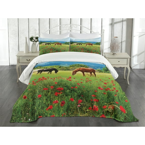 Ambesonne Horse Quilted Bedspread Set 3 Pcs, Landscape Rural Scene, Queen Size, Multicolor