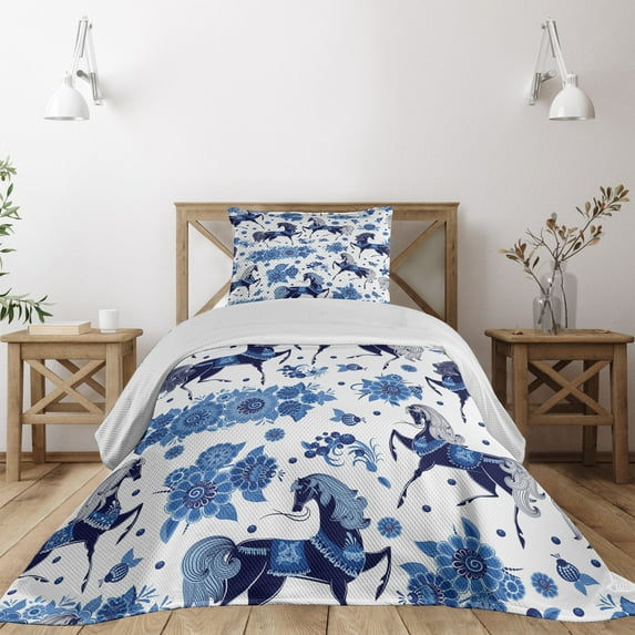 Ambesonne Horse Quilted Coverlet 2 Pcs, Middle Ages Drawings, Twin Size, Blue Dark Blue White