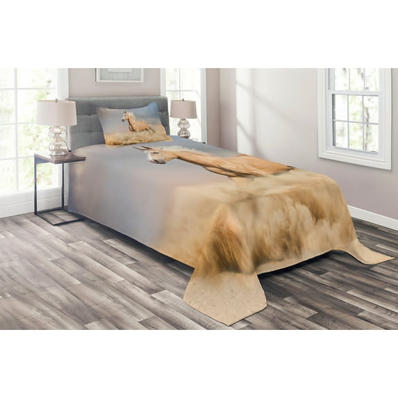 Ambesonne Horse Quilted Coverlet 2 Pcs, Palomino Sand Desert, Twin Size, Purple Grey Peach