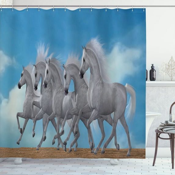 Ambesonne Horse Shower Curtain, Digital Animal Herd Running, 69"Wx75"L, Sky Blue Grey