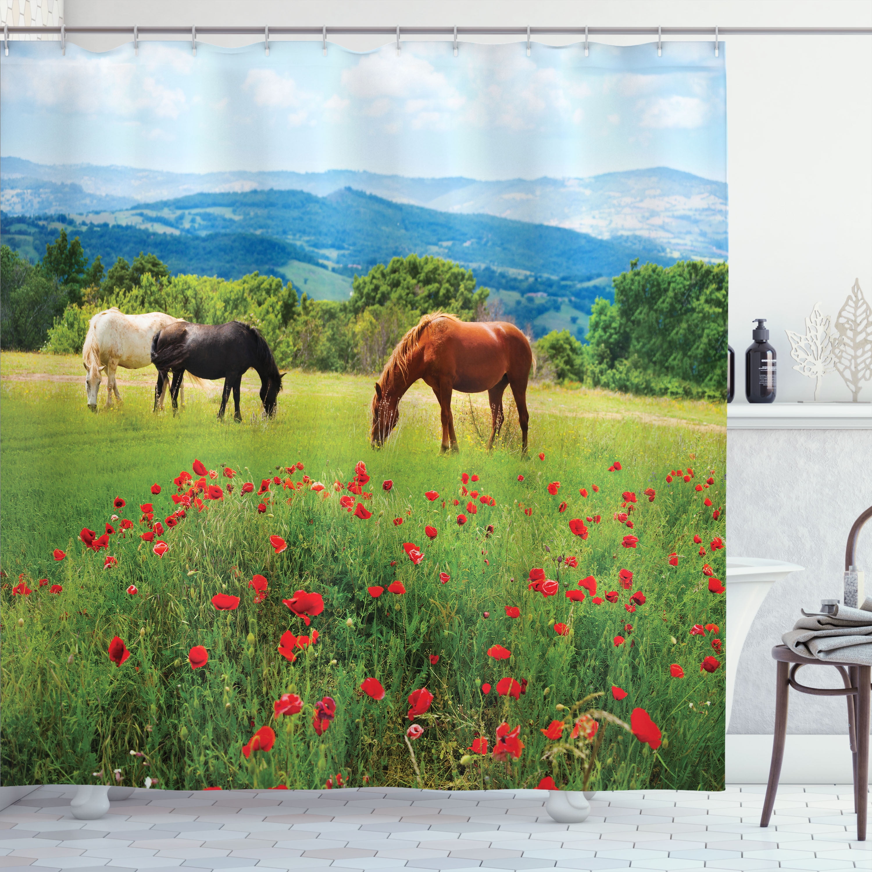 Ambesonne Horse Shower Curtain, Landscape Rural Scene, 69"Wx70"L