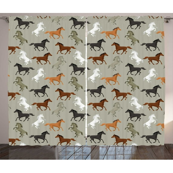 Ambesonne Horses Curtains 2 Panel Set, Stallion Galloping Motif, 108" x 96", Multicolor