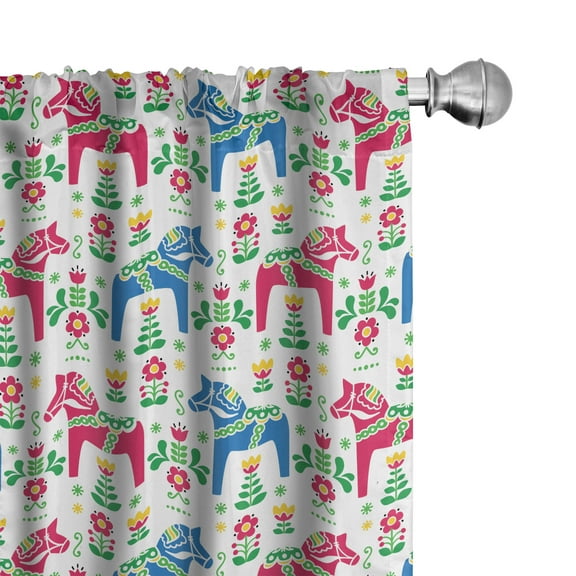 Ambesonne Horses Curtains, Dalecarlian Motif Floral, Pair of 28"x95", Multicolor