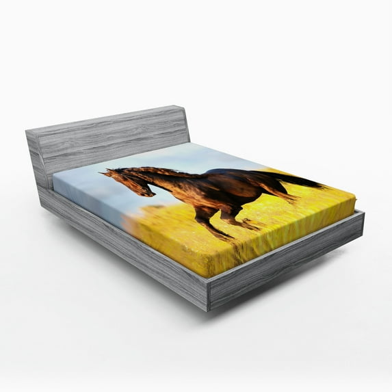 Ambesonne Horses Fitted Sheet, Meadow Mystery Horse, Queen Size, Yellow Brown Blue