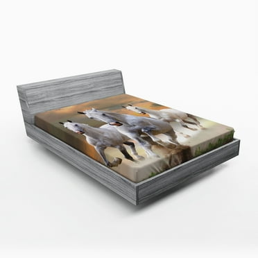 Ambesonne Horses Fitted Sheet, Sky, Full Size, White Orange