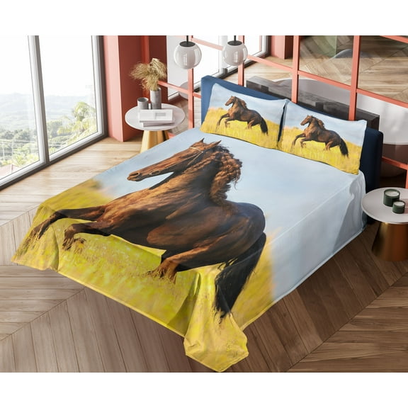 Ambesonne Horses Fitted & Top Sheet Set with Shams, Meadow Mystery Horse, Yellow Brown Blue