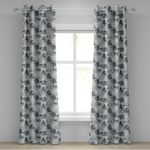 Ambesonne Horses Grommet Curtain, Stallion Sketch Style, 50" x 84", Pale Grey White Grey