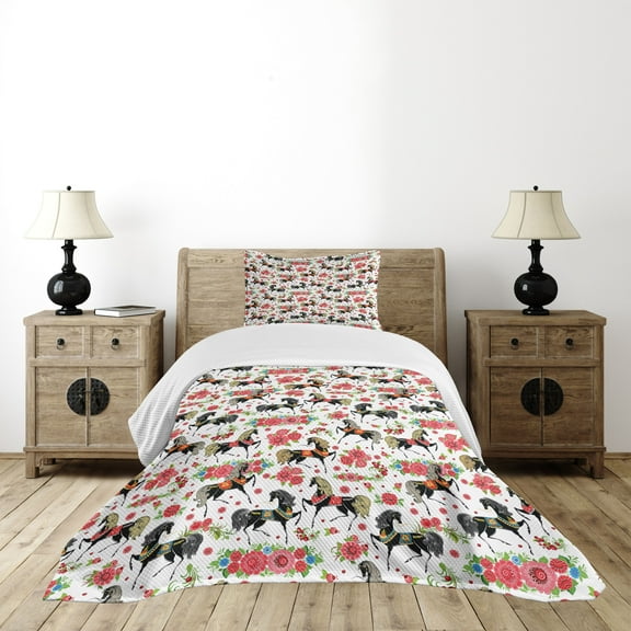 Ambesonne Horses Quilted Bedspread Set 2 Pcs, Abstract Floral Stallion, Twin Size, Multicolor