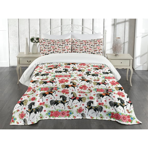 Ambesonne Horses Quilted Bedspread Set 3 Pcs, Abstract Floral Stallion, Queen Size, Multicolor