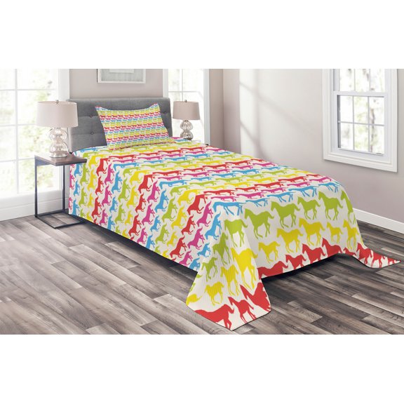Ambesonne Horses Quilted Coverlet 2 Pcs, Rainbow Color Giddy, Twin Size, Multicolor