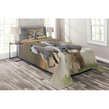Ambesonne Horses Quilted Coverlet 2 Pcs, Sky, Twin Size, White Orange
