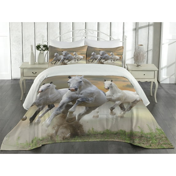 Ambesonne Horses Quilted Coverlet 3 Pcs, Sky, Queen Size, White Orange