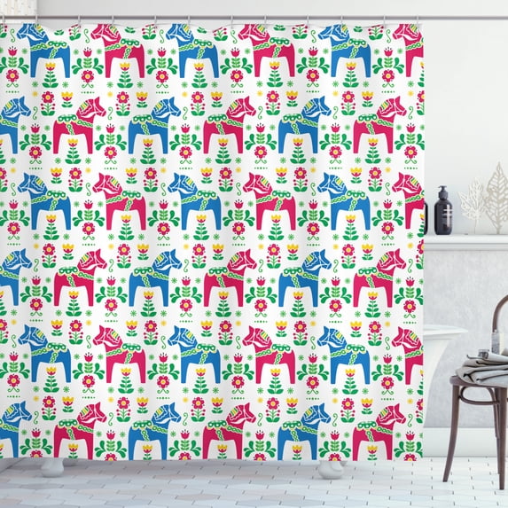 Ambesonne Horses Shower Curtain, Dalecarlian Motif Floral, 69"Wx84"L, Multicolor