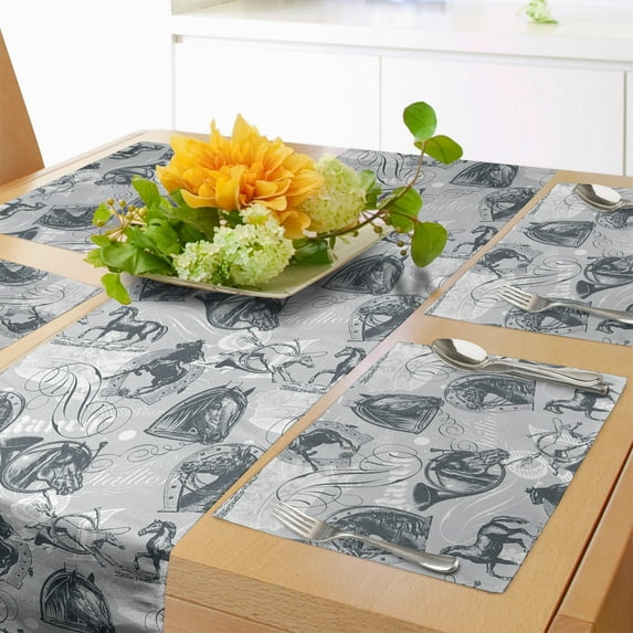 Ambesonne Horses Table Runner & Placemats, Stallion Sketch Style, Placemat 4 pcs + Runner 16"x72", Pale Grey White Grey